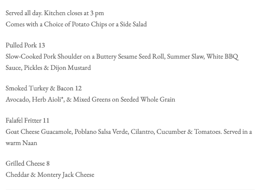 Lunch menu